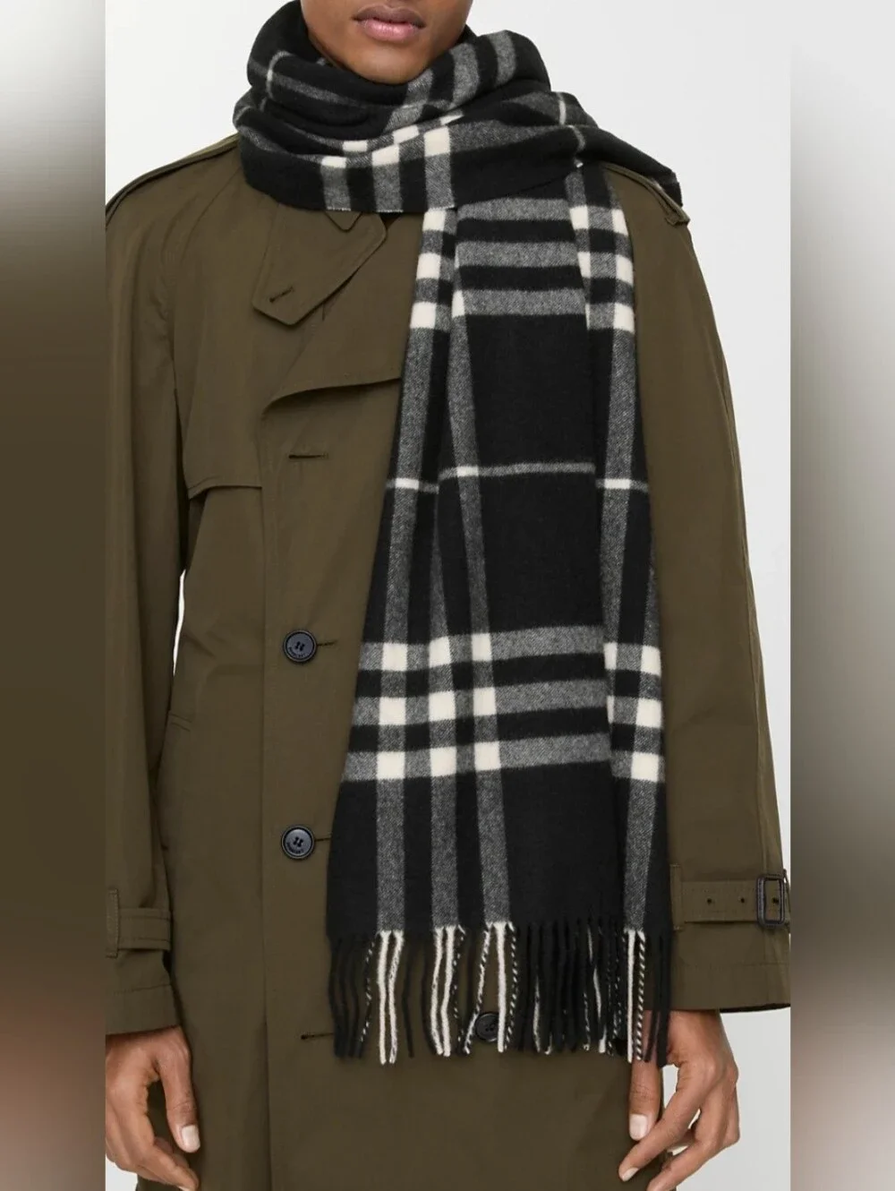 Burberry Gray Plaid Cashmere Scarf with Blue Accent